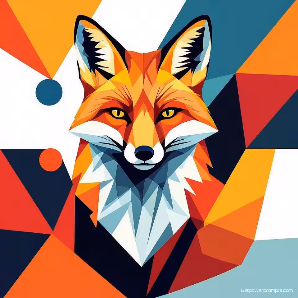 Geometrische vos, vectorillustratie illustratie, felle primaire kleuren kleurenschema, schone witte achtergrond achtergrond, modern printontwerp, schone lijnen, geometrische elementen, eigentijdse esthetiek, printklare kwaliteit, scherpe details