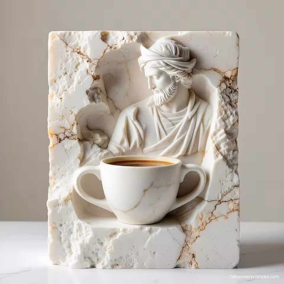 Ambachtelijke koffiebranders, steenbewerking presentatie, wit marmer materiaal, diep reliëf snijwerk techniek, dramatische zijbelichting belichting, tijdloze elegantie sfeer, esthetiek van oud vakmanschap, gedetailleerde steentextuur, professionele merkidentiteit, erfgoed visuele stijl, authenticiteit van natuurlijk materiaal, schone compositie