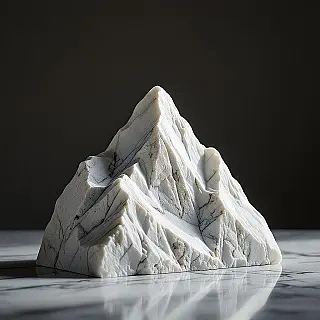 Geometrisch bergpieksymbool, steenbewerking presentatie, wit marmer materiaal, diep reliëf snijwerk techniek, dramatische zijbelichting belichting, tijdloze elegantie sfeer, esthetiek van oud vakmanschap, gedetailleerde steentextuur, professionele merkidentiteit, erfgoed visuele stijl, authenticiteit van natuurlijk materiaal, schone compositie