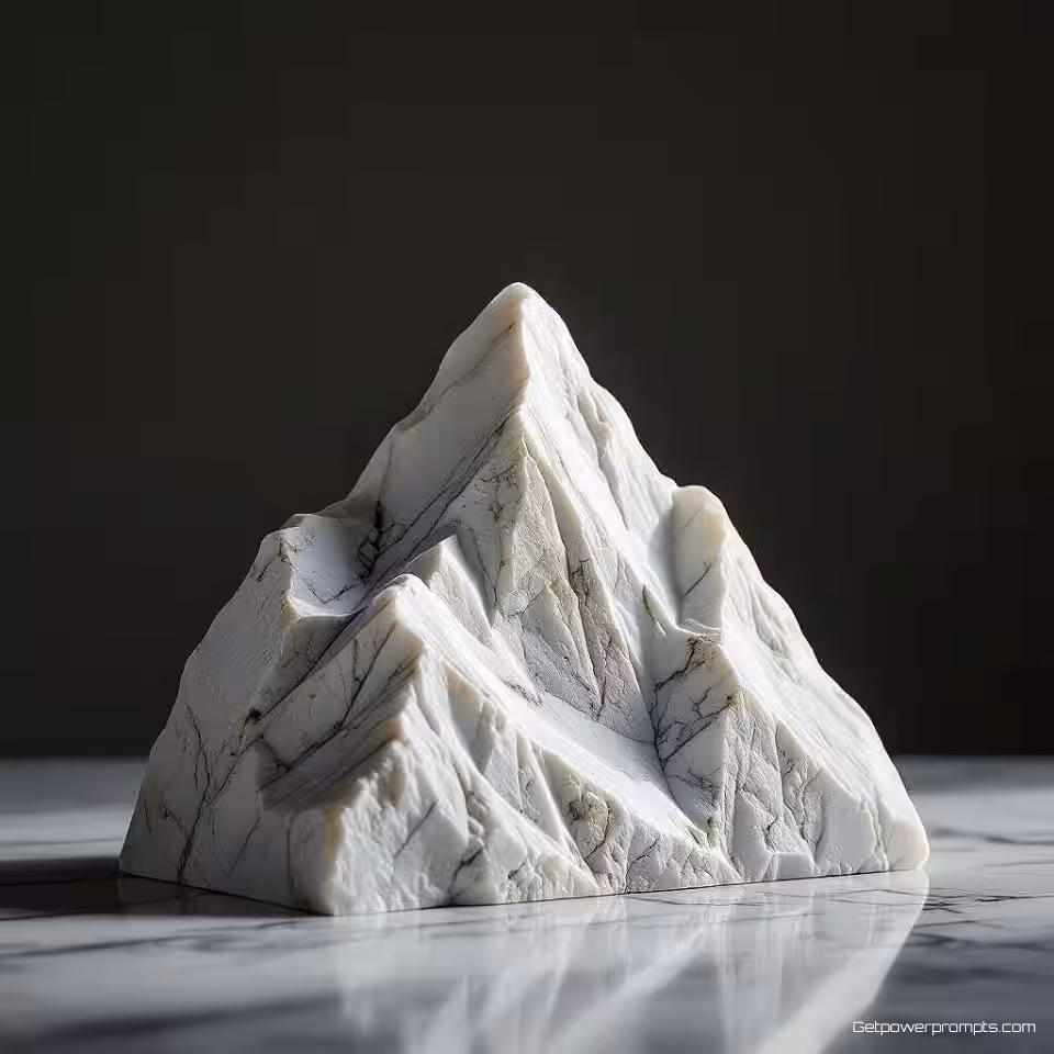 Geometrisch bergpieksymbool, steenbewerking presentatie, wit marmer materiaal, diep reliëf snijwerk techniek, dramatische zijbelichting belichting, tijdloze elegantie sfeer, esthetiek van oud vakmanschap, gedetailleerde steentextuur, professionele merkidentiteit, erfgoed visuele stijl, authenticiteit van natuurlijk materiaal, schone compositie