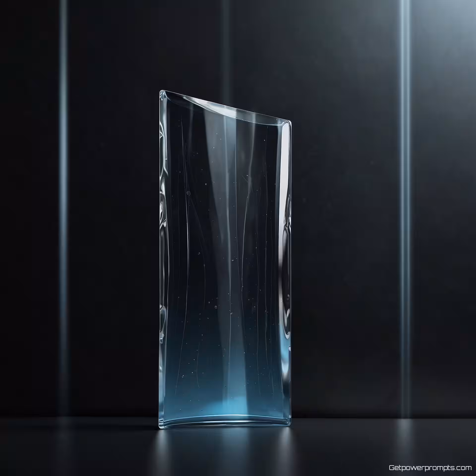 Icoon symbool, glasoppervlak reflectie, golvende reflectie vervorming, dramatische spotlight verlichting, professioneel atmosfeer, transparant materiaal effecten, realistische glastextuur, professionele merkvisualisatie, schone compositie, optische vervorming