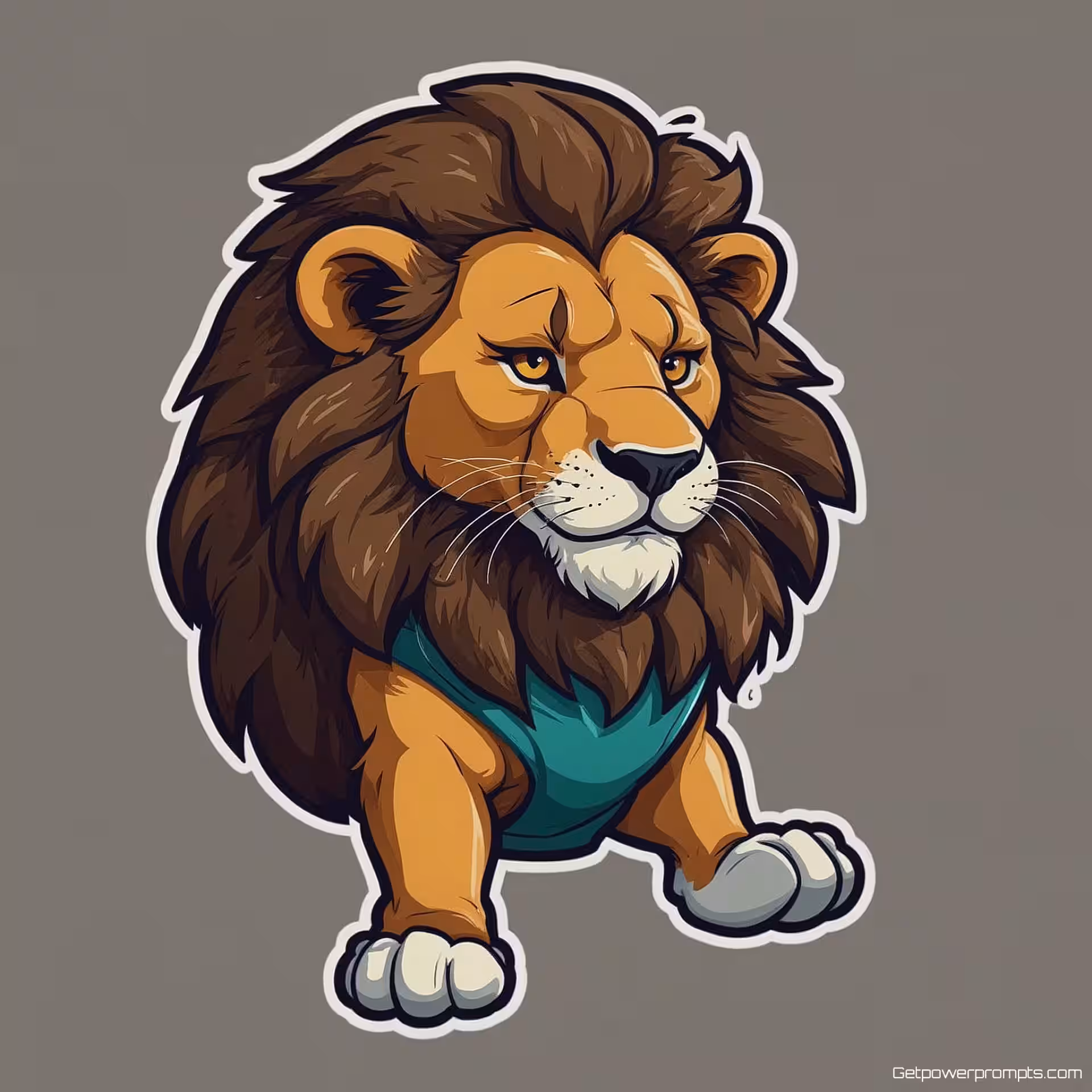 Energieke leeuwenmascotte in teamtrui, digitale sticker illustratie, vector illustratie, speels en ondeugend expressie, primaire kleuren, schone witte achtergrond, dikke contouren, vereenvoudigde details, sticker ontwerp esthetiek, commerciële karakterkunst, bedrijfsmascotte sticker