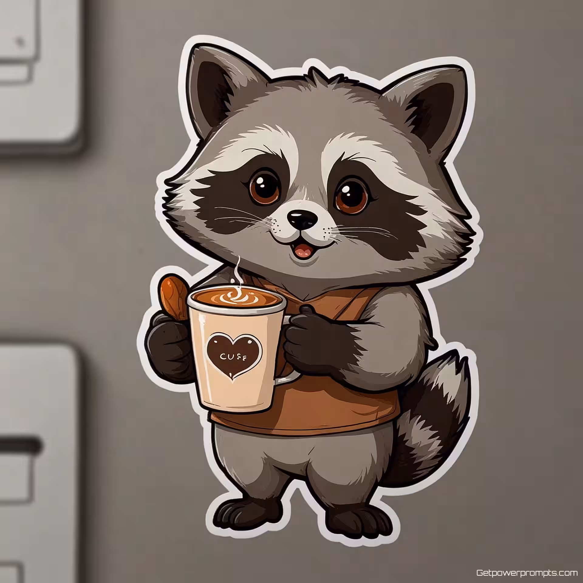 Schattige wasbeermascotte met koffiekop, digitale sticker illustratie, minimalistische illustratie, zelfverzekerd en professioneel expressie, bedrijfsmerk kleuren, schone witte achtergrond, dikke contouren, vereenvoudigde details, sticker ontwerp esthetiek, commerciële karakterkunst, bedrijfsmascotte sticker