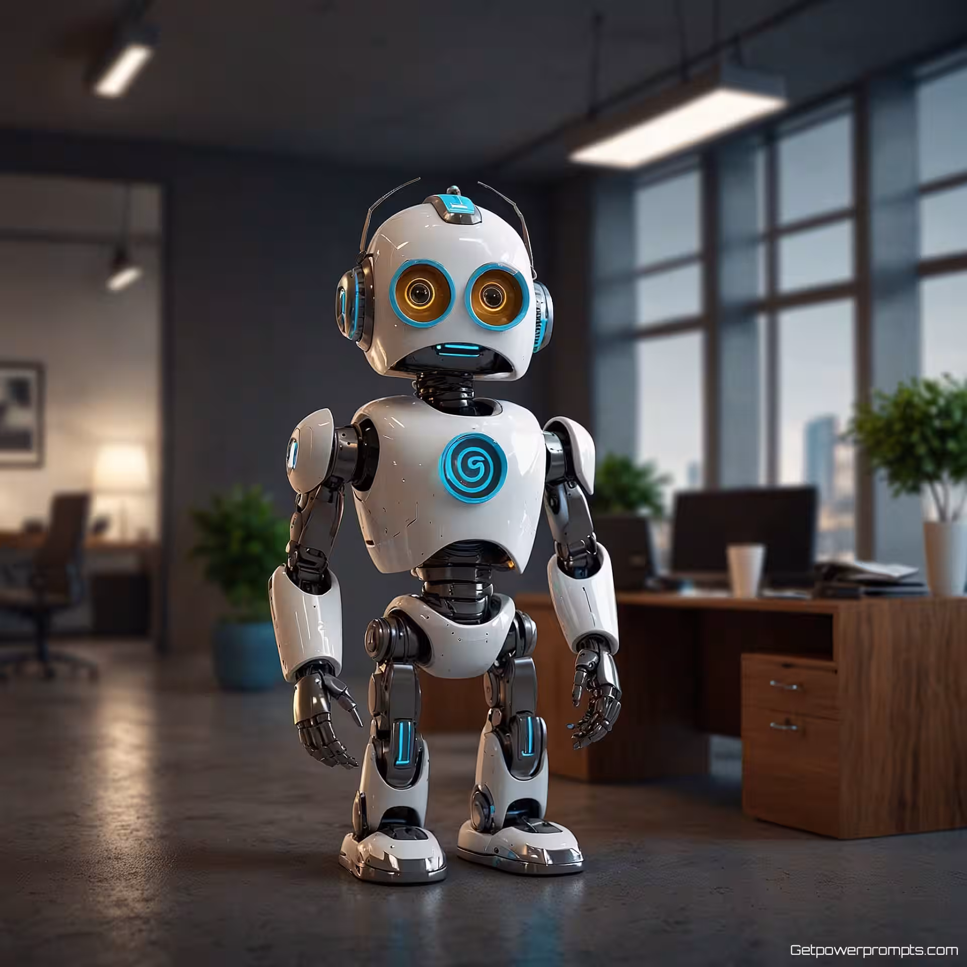 Vriendelijke robot mascotte, professionele zakelijke omgeving, 3D render, professioneel sfeer, modern kantoor kantooromgeving, natuurlijk licht verlichting, corporate mascotte-ontwerp, professionele karakterillustratie, zakelijke context, commerciële bedrijfsmascotte