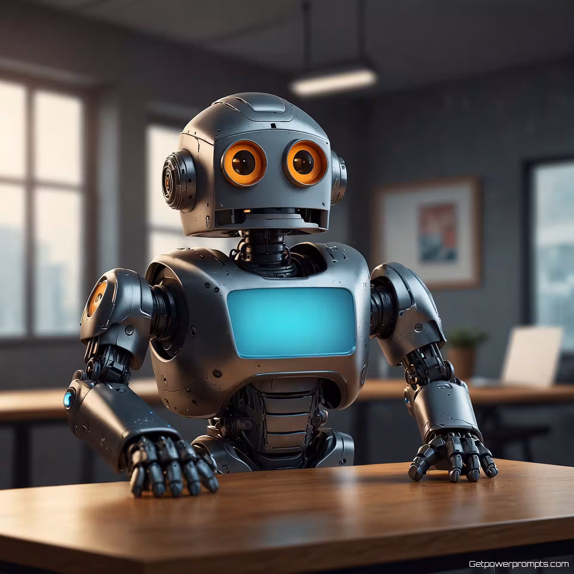 Vriendelijke robot mascotte, professionele zakelijke omgeving, 3D render, professioneel sfeer, technische werkruimte kantooromgeving, kantoorverlichting verlichting, corporate mascotte-ontwerp, professionele karakterillustratie, zakelijke context, commerciële bedrijfsmascotte