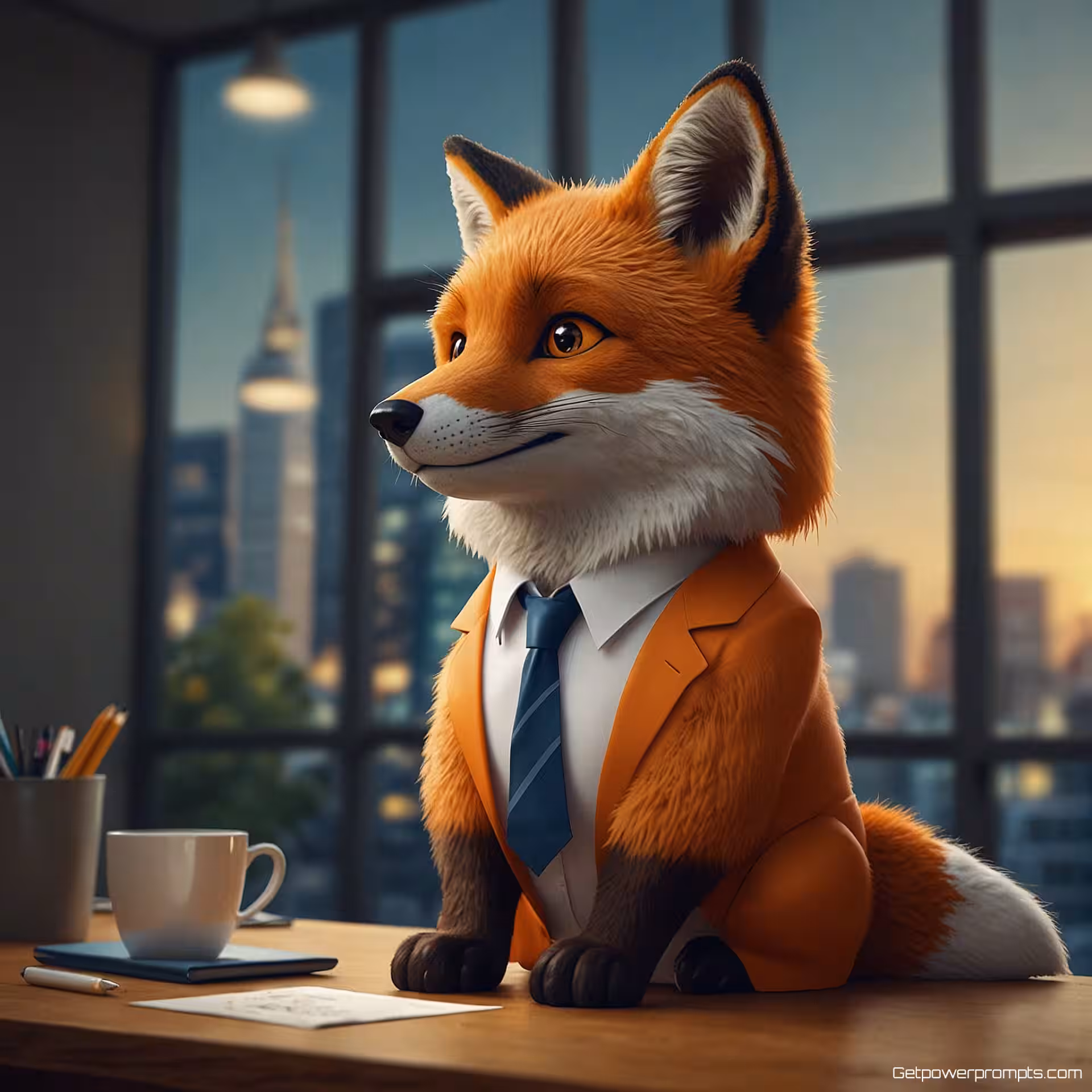 Professioneel vos karakter, professionele zakelijke omgeving, vector illustratie, professioneel sfeer, modern kantoor kantooromgeving, dramatische verlichting verlichting, corporate mascotte-ontwerp, professionele karakterillustratie, zakelijke context, commerciële bedrijfsmascotte