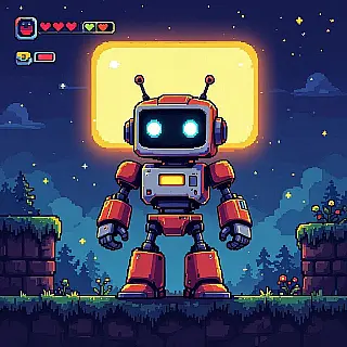 Vriendelijk robot karakter, 8-bit NES stijl pixel art, platform spel level achtergrond, gloeiend scherm verlichting verlichting, levendig 8-bit palet kleuren, 8-bit esthetiek, nostalgische gaming sfeer, karakter sprite ontwerp, commerciële mascotte kunst, pixel perfect details
