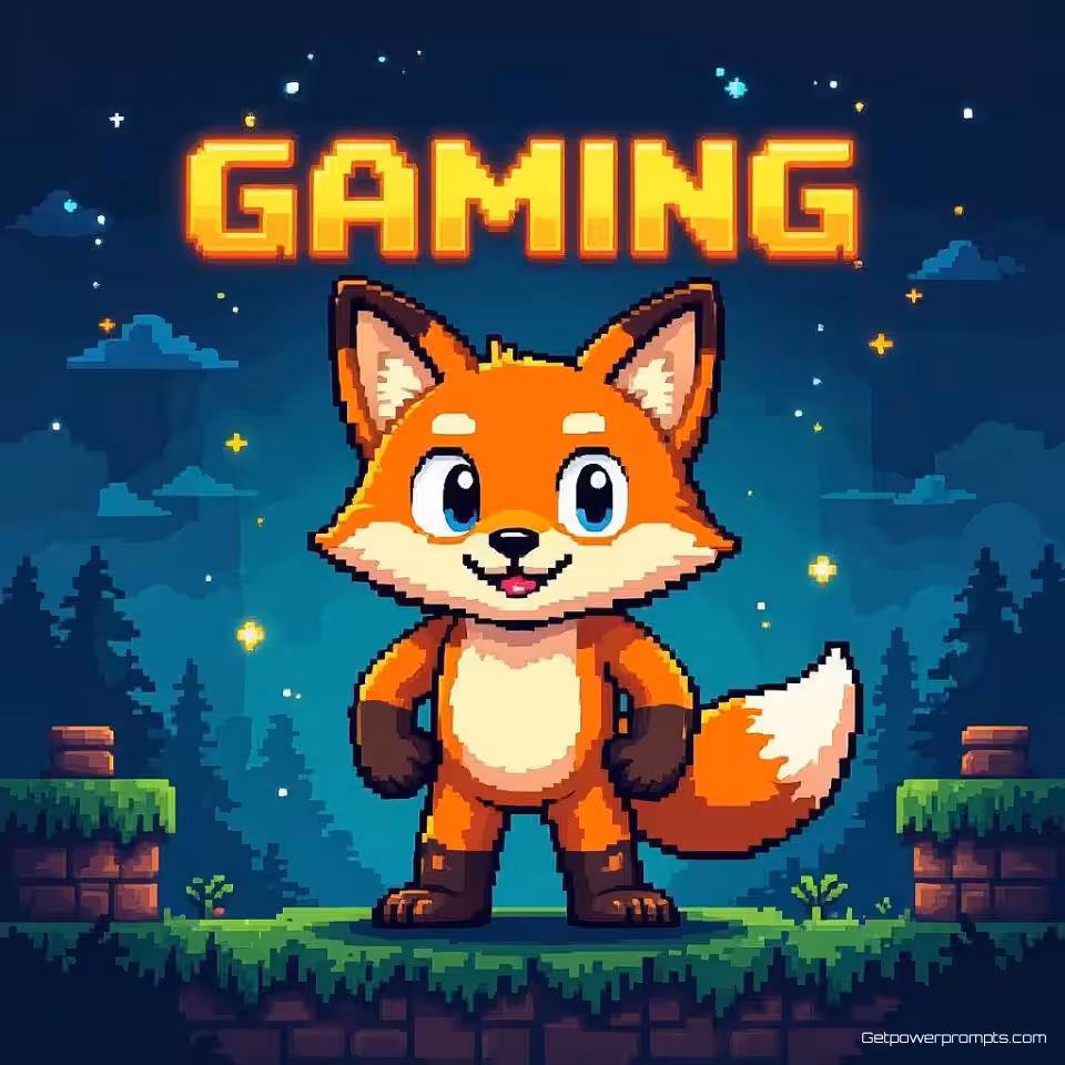 Gaming vos mascotte, 8-bit NES stijl pixel art, platform spel level achtergrond, gloeiend scherm verlichting verlichting, levendig 8-bit palet kleuren, 8-bit esthetiek, nostalgische gaming sfeer, karakter sprite ontwerp, commerciële mascotte kunst, pixel perfect details