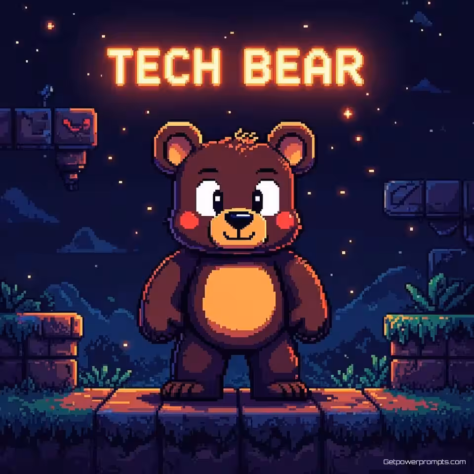 Tech beer karakter, 8-bit NES stijl pixel art, platform spel level achtergrond, gloeiend scherm verlichting verlichting, levendig 8-bit palet kleuren, 8-bit esthetiek, nostalgische gaming sfeer, karakter sprite ontwerp, commerciële mascotte kunst, pixel perfect details