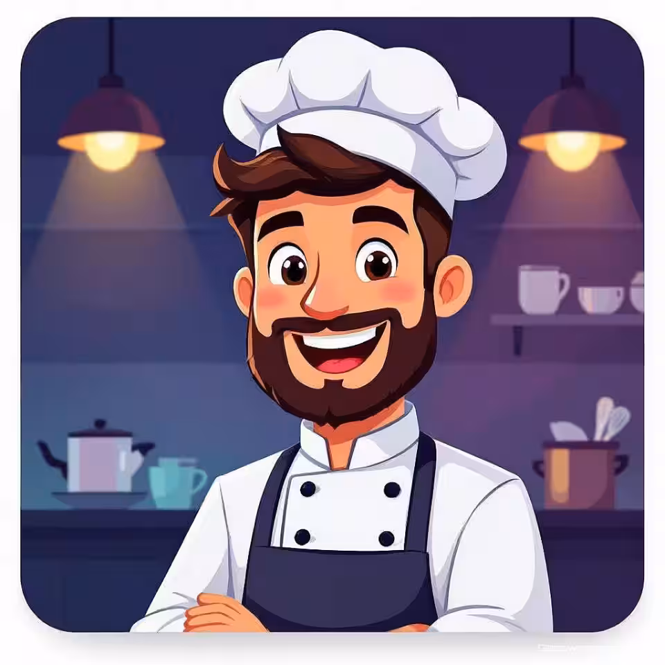 Vriendelijke chef karakter, social media profielfoto, flat vector illustratie, vriendelijke glimlach expressie, effen kleur achtergrond achtergrond, zachte belichting belichting, vierkante compositie, boeiend karakterportret, commerciële mascotte ontwerp, social media branding
