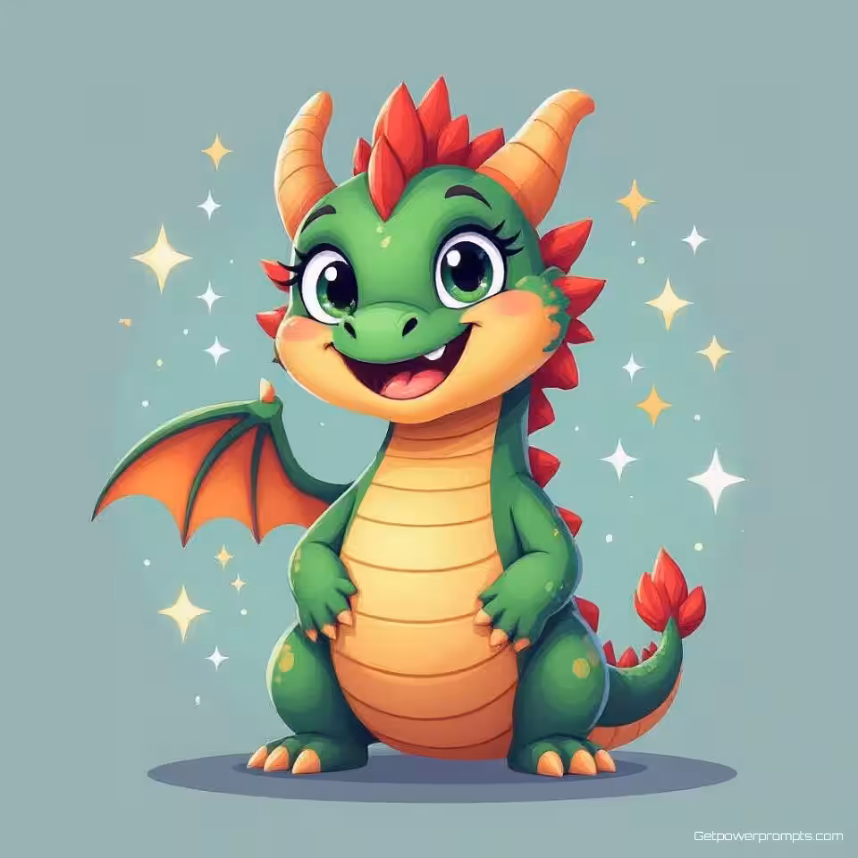 Magische draak mascotte, social media profielfoto, flat vector illustratie, vriendelijke glimlach expressie, effen kleur achtergrond achtergrond, zachte belichting belichting, vierkante compositie, boeiend karakterportret, commerciële mascotte ontwerp, social media branding