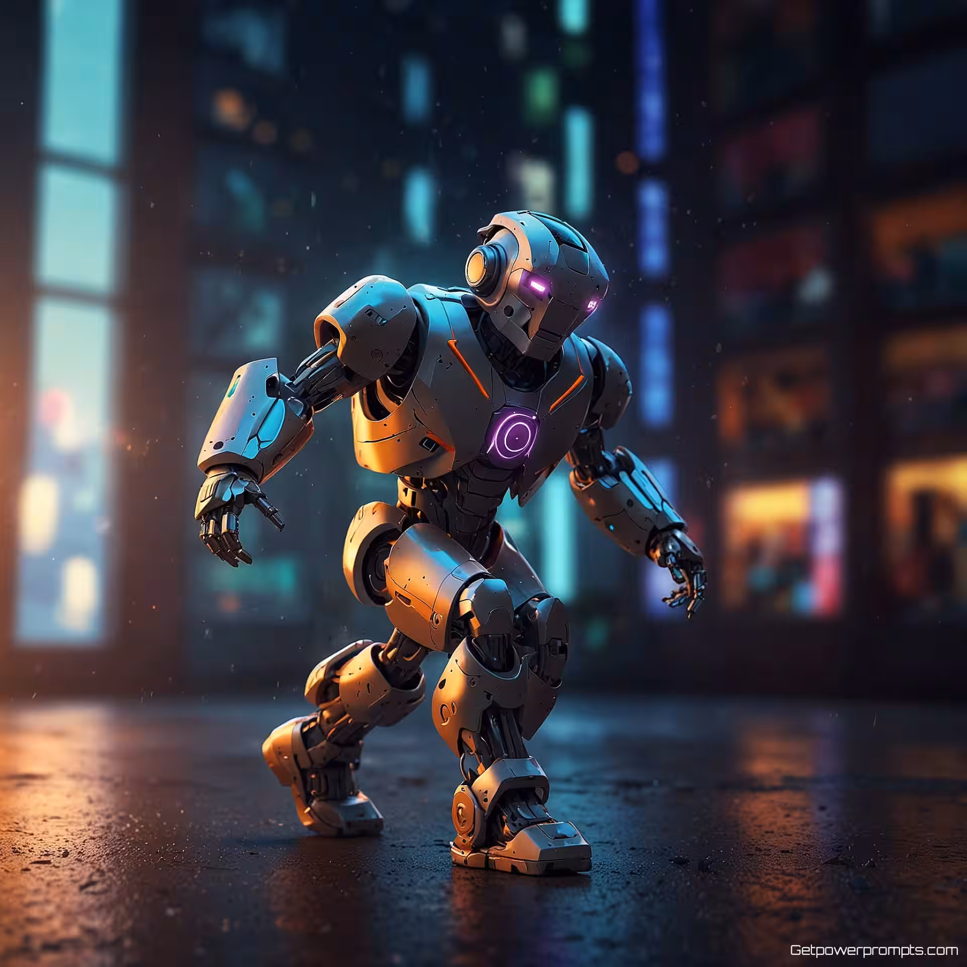 Futuristische robot mascotte, blij dansend, dynamische karakterillustratie, digitale kunst stijl, fantasy omgeving omgeving, kunstlicht verlichting, energieke beweging, levendige kleuren, mascotte in actie, expressief karakterontwerp, commerciële illustratie