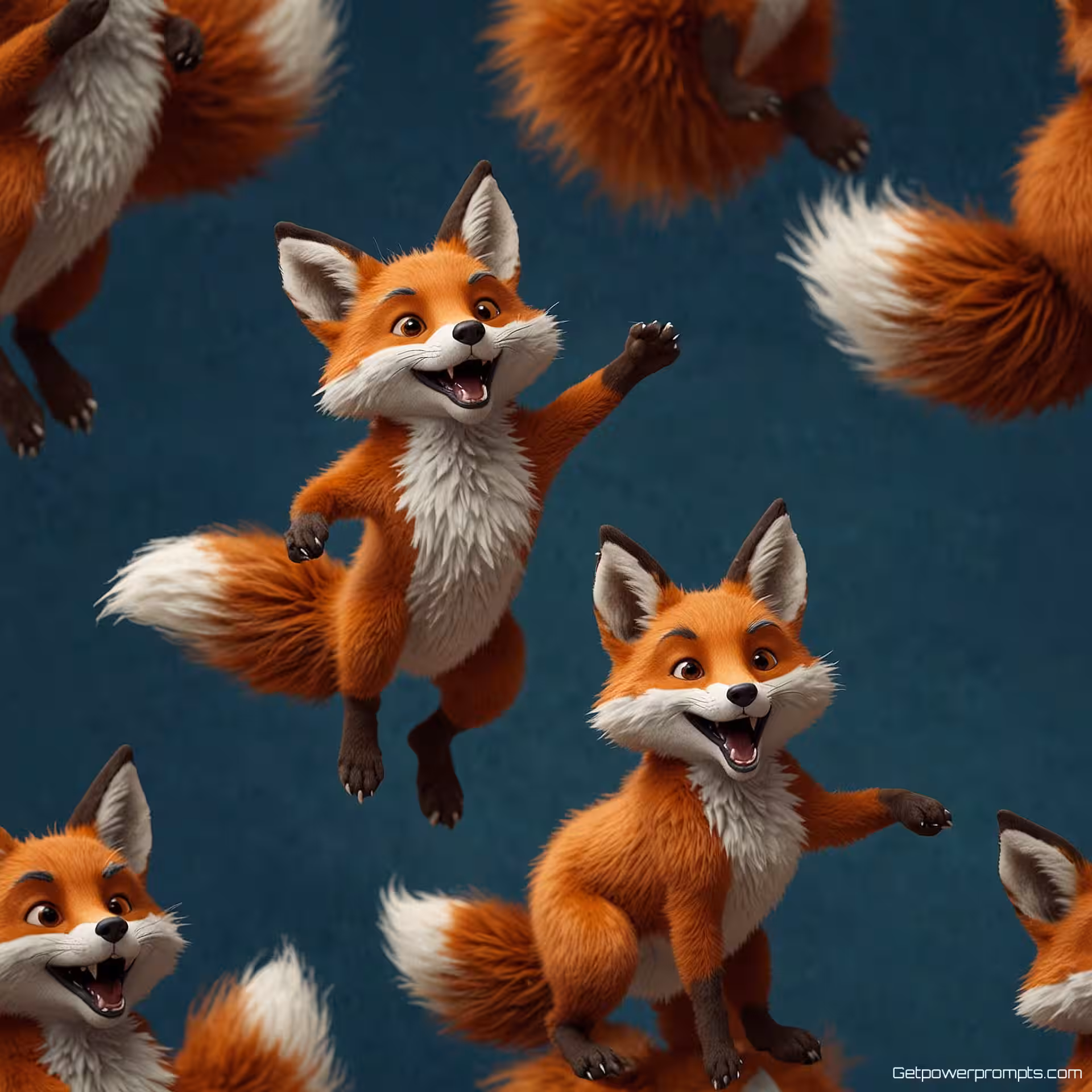 Speelse vos mascotte, overwinning vieren, dynamische karakterillustratie, 3D render, studio achtergrond omgeving, kunstlicht verlichting, energieke beweging, levendige kleuren, mascotte in actie, expressief karakterontwerp, commerciële illustratie