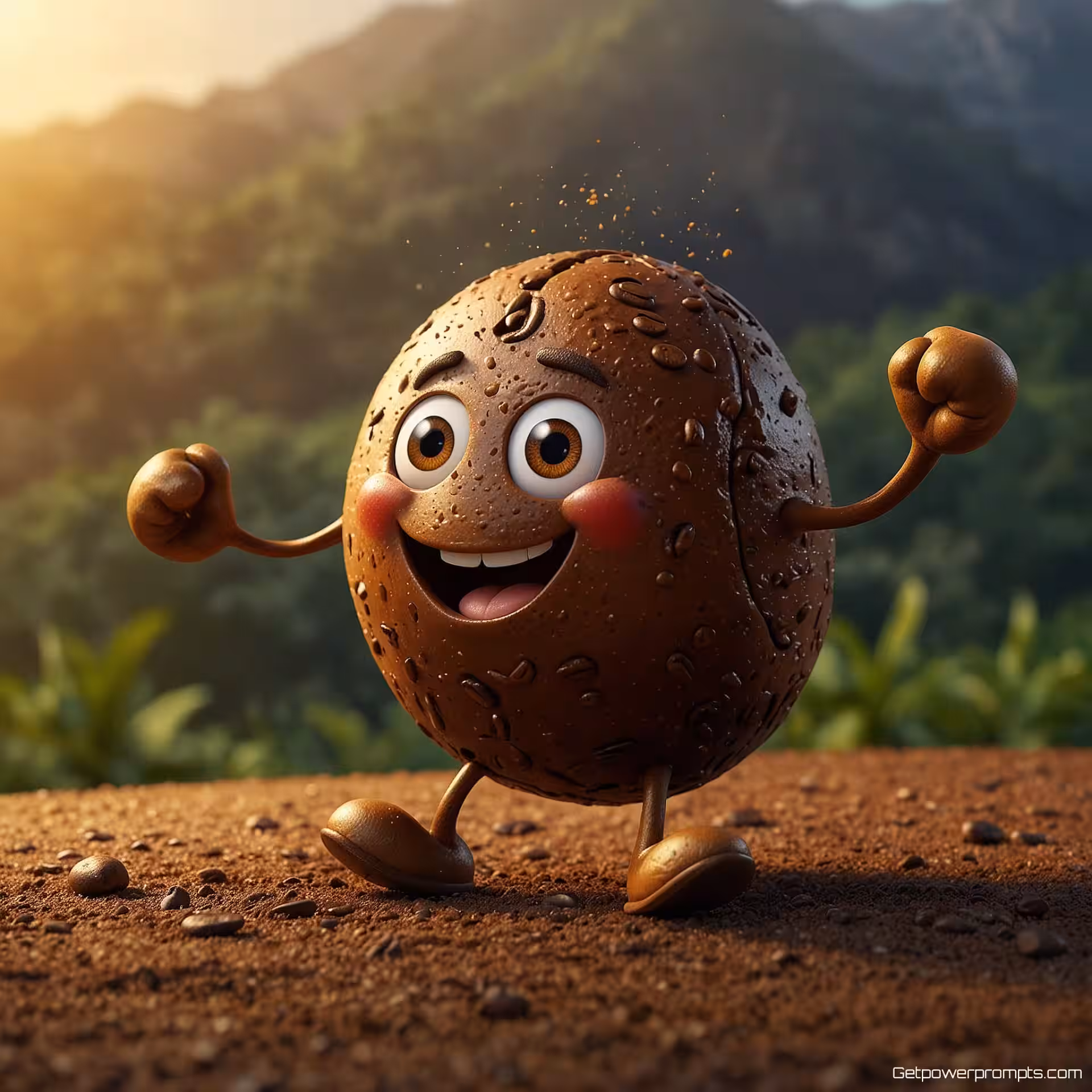 Geanimeerd koffieboon karakter, blij dansend, dynamische karakterillustratie, aquarel illustratie, natuurlijk landschap omgeving, zacht licht verlichting, energieke beweging, levendige kleuren, mascotte in actie, expressief karakterontwerp, commerciële illustratie