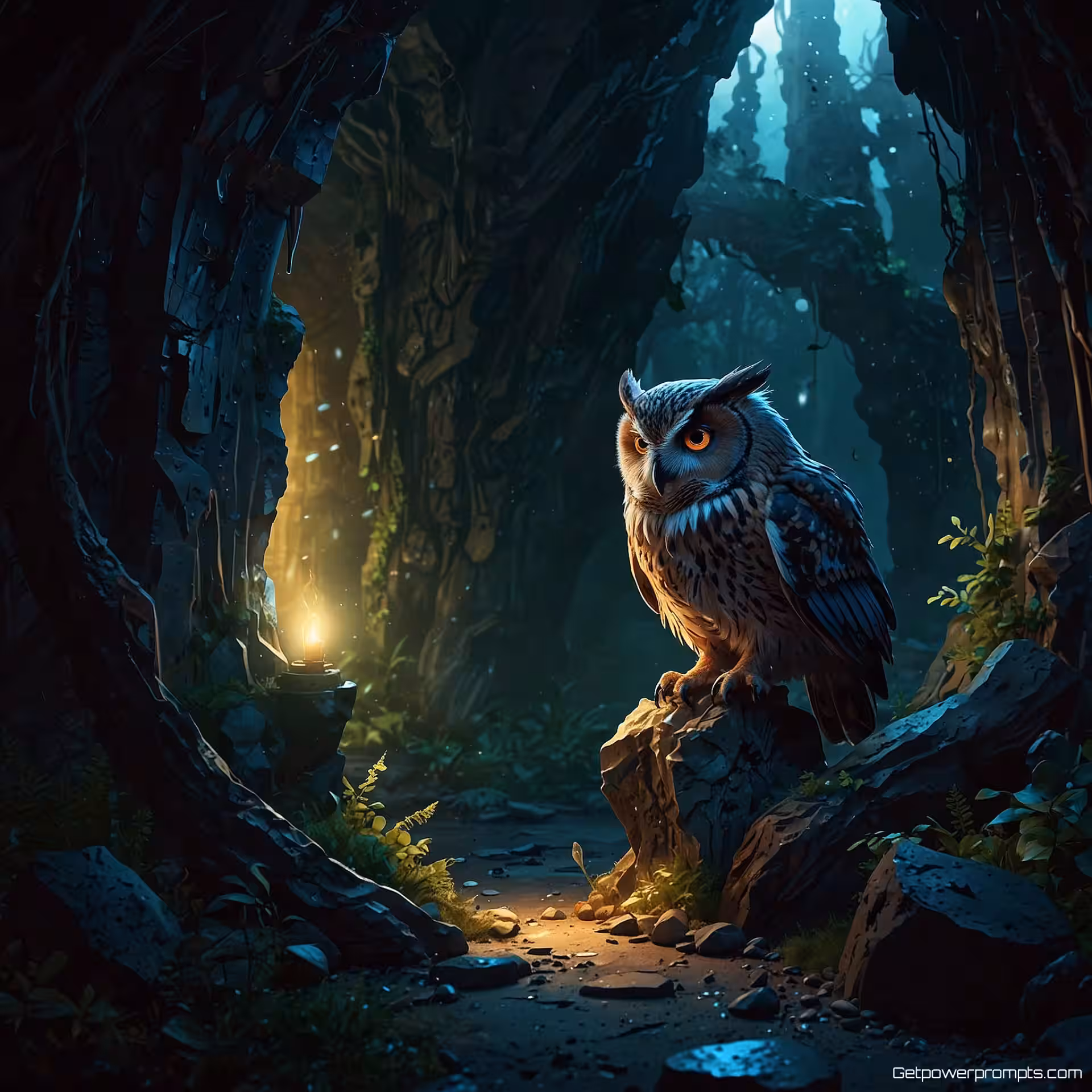 Wijze uil, kristalgrot omgeving, digitale schildering, dramatische schaduwen verlichting, magische sfeer, aards palet, gedetailleerd karakterontwerp, speelse elementen, betoverende scène, commerciële fantasy illustratie