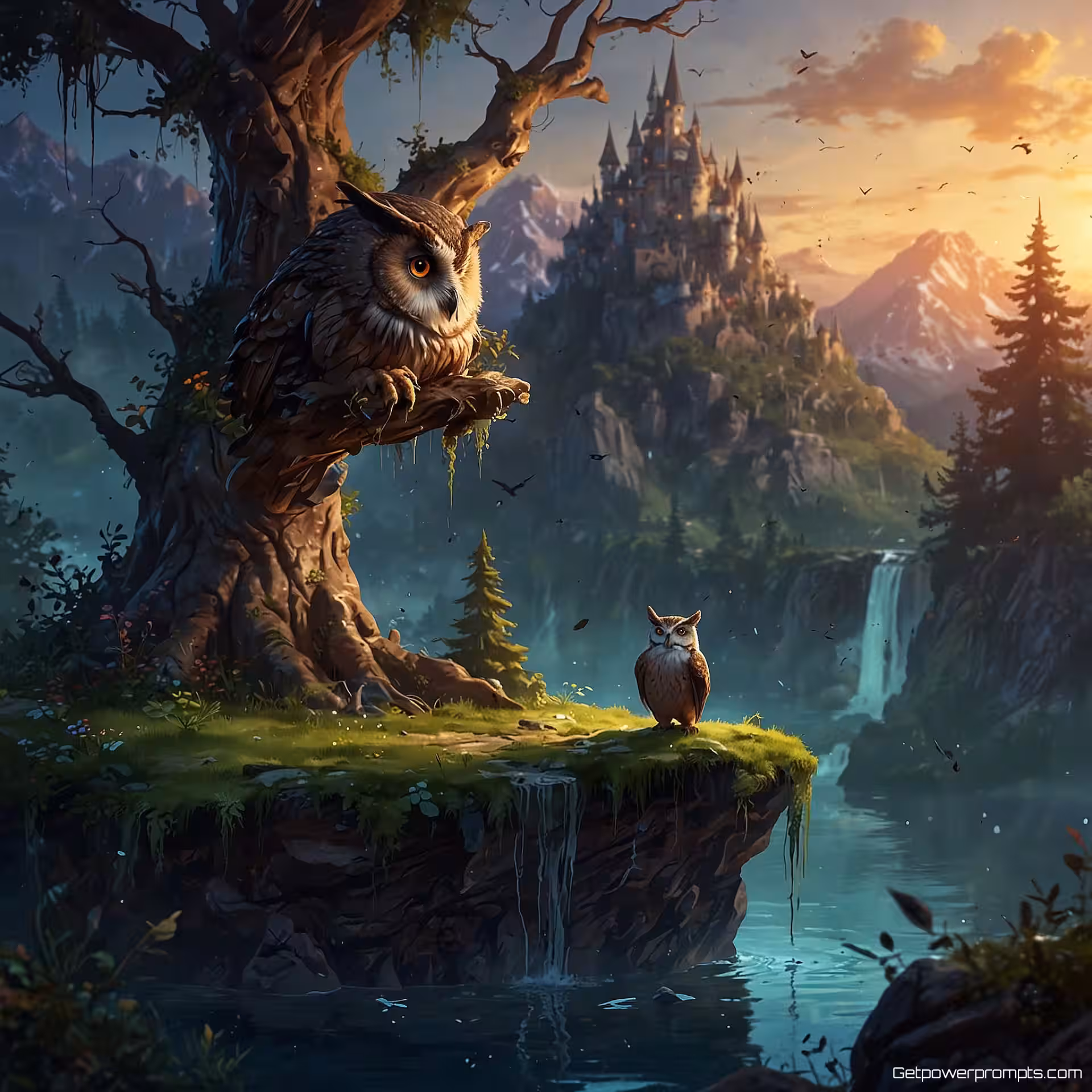 Wijze uil, zwevende eilanden omgeving, digitale schildering, etherisch licht verlichting, magische sfeer, aards palet, gedetailleerd karakterontwerp, speelse elementen, betoverende scène, commerciële fantasy illustratie