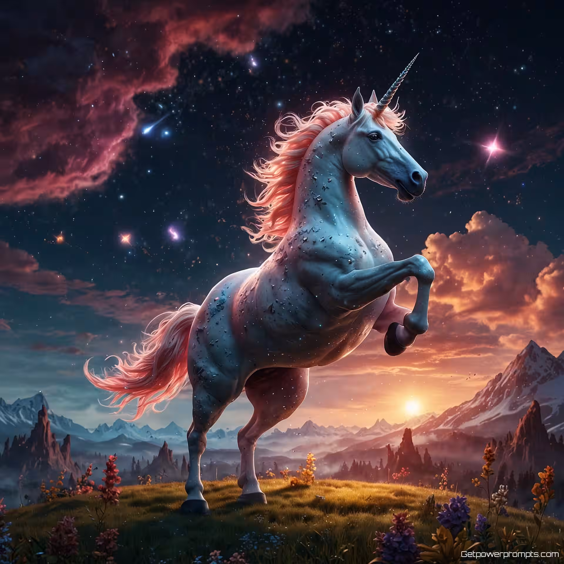 Magische eenhoorn, zwevende eilanden omgeving, 3D render, magische gloed verlichting, magische sfeer, aards palet, gedetailleerd karakterontwerp, speelse elementen, betoverende scène, commerciële fantasy illustratie