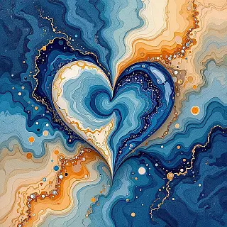 Hart, vloeibare kunststijl, oceaan blauwen kleurenschema, effen wit achtergrond, marmer oppervlak, organische stroompatronen, vloeibare bewegingseffect, abstracte vormen, professionele branding, vectorstijl, scherpe focus, commercieel gebruik