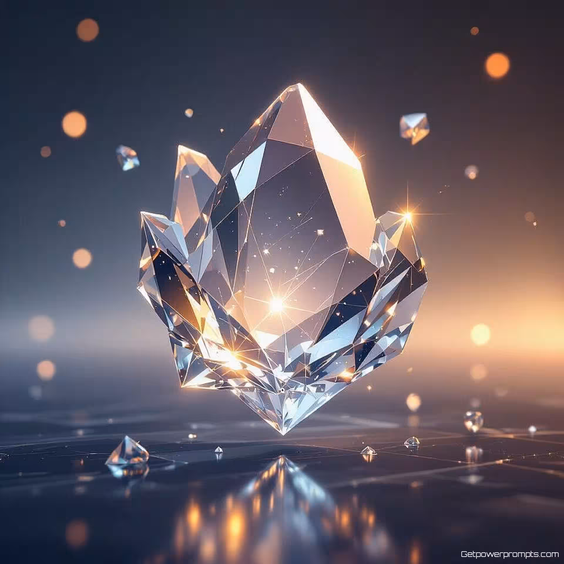 Tandwiel, zwevende kristal geometrie, kwarts materiaal, etherische gloed verlichting, donkere gradiënt achtergrond, zwevende compositie, etherische gloed, geometrische precisie, doorschijnende breking, professionele branding, scherpe focus, commercieel gebruik