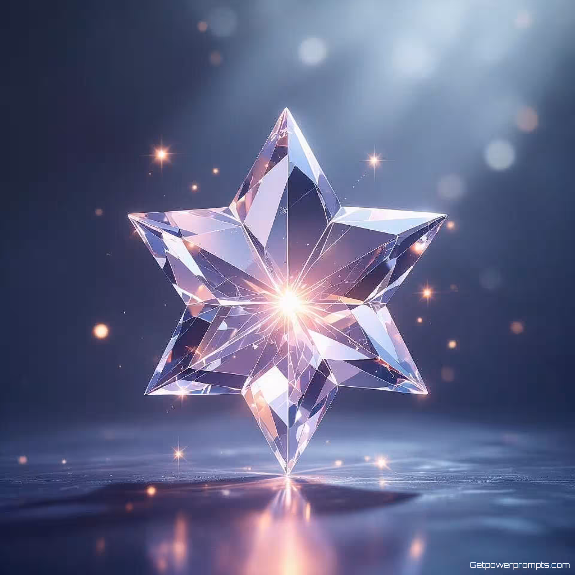 Ster, zwevende kristal geometrie, kwarts materiaal, etherische gloed verlichting, donkere gradiënt achtergrond, zwevende compositie, etherische gloed, geometrische precisie, doorschijnende breking, professionele branding, scherpe focus, commercieel gebruik