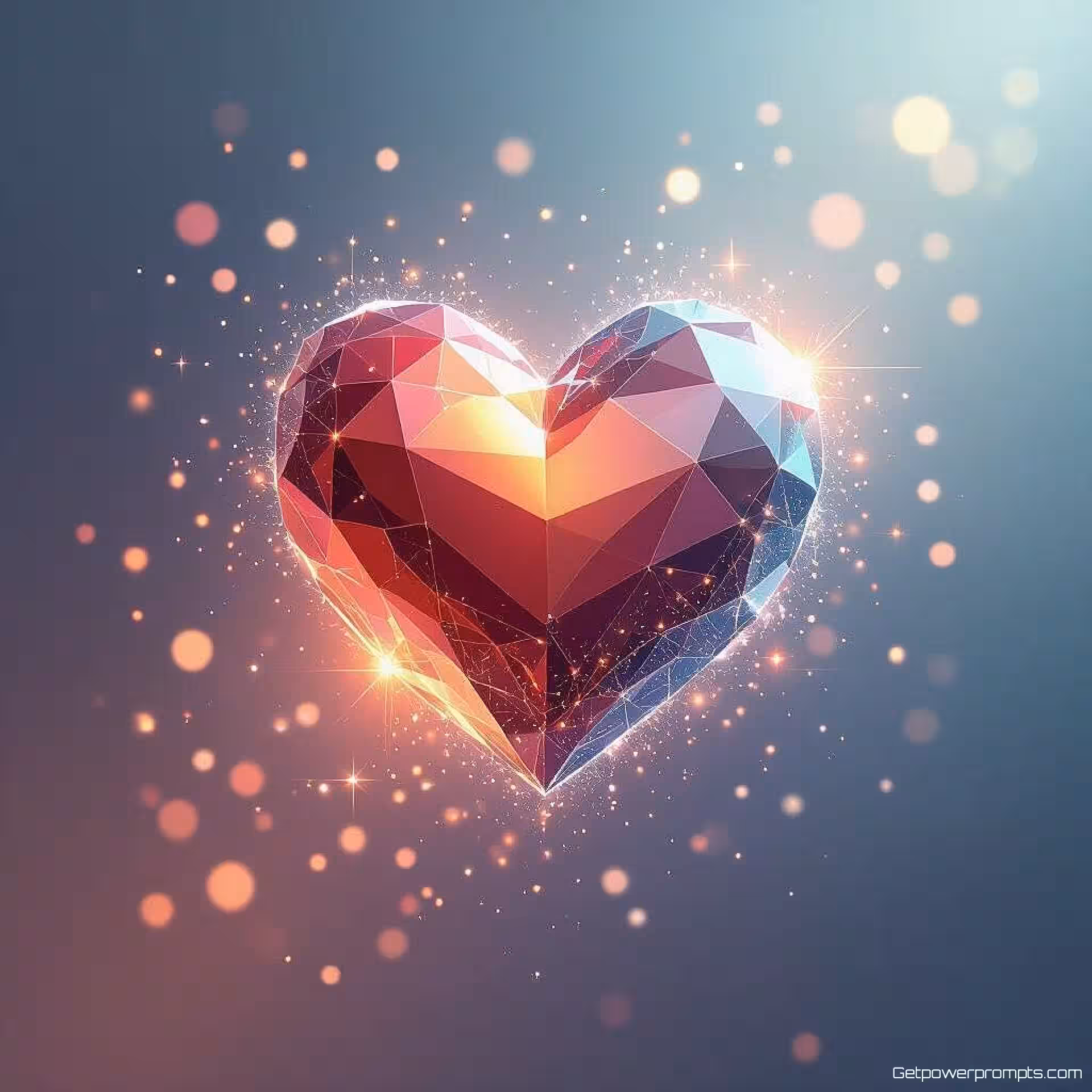 Hart, zwevende deeltjeseffecten, vonkjes deeltjes, verloop achtergrond, etherische gloed verlichting, etherische sfeer, geometrisch ontwerp, professionele branding, vectorstijl, scherpe focus, commercieel gebruik