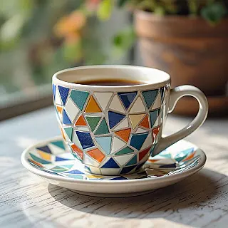 Koffiekopje, mozaïek tegel kunststijl, keramiek materiaal, wit voeg, effen kleur achtergrond, geometrische patronen, natuurlijk verlichting, handgemaakte esthetiek, professionele branding, scherpe focus, commercieel gebruik