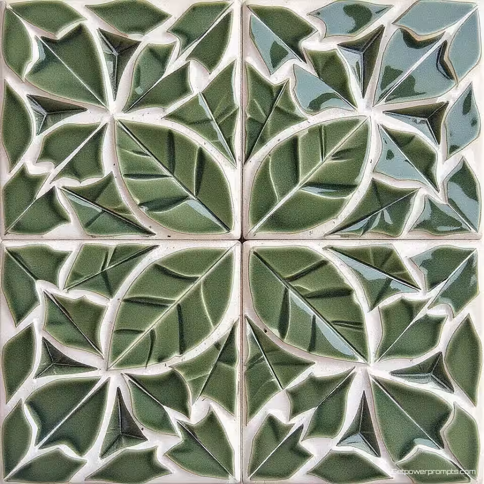 Blad, mozaïek tegel kunststijl, keramiek materiaal, wit voeg, effen kleur achtergrond, geometrische patronen, natuurlijk verlichting, handgemaakte esthetiek, professionele branding, scherpe focus, commercieel gebruik