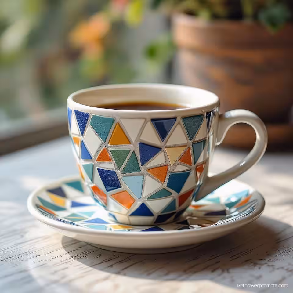 Koffiekopje, mozaïek tegel kunststijl, keramiek materiaal, wit voeg, effen kleur achtergrond, geometrische patronen, natuurlijk verlichting, handgemaakte esthetiek, professionele branding, scherpe focus, commercieel gebruik