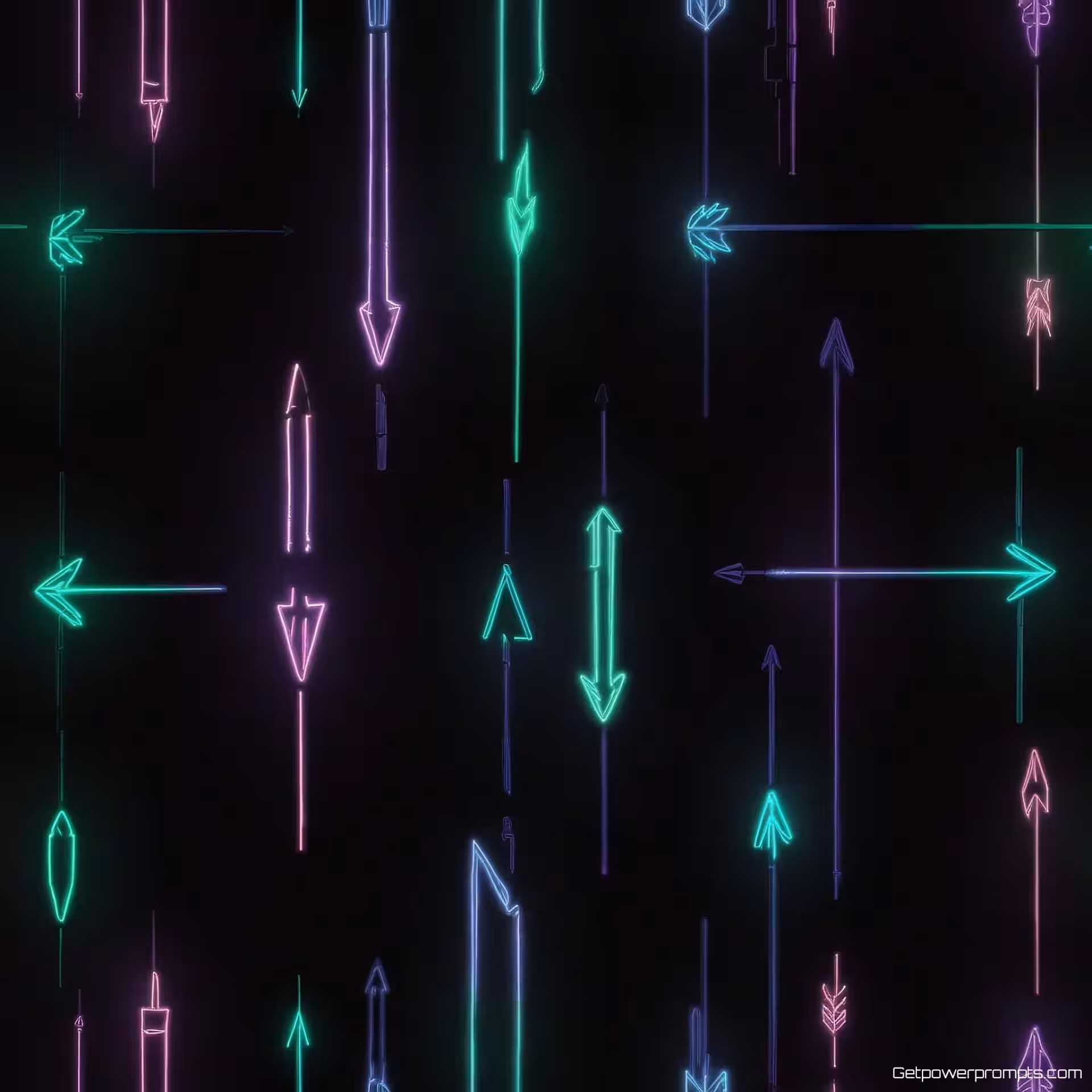 Pijl, neonbord stijl, groen en paars gloed, effen zwart achtergrond, retro esthetiek, levendige verlichting, donkere sfeer, vector kunst, professionele branding, commercieel gebruik