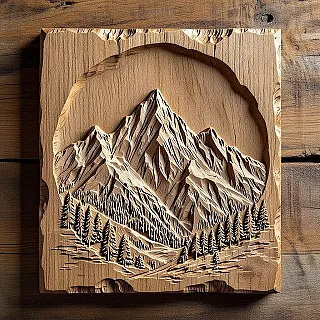 Berg, handgesneden houtkunst, eik materiaal, diep reliëf textuur, natuurlijke olie afwerking, effen achtergrond, natuurlijke verlichting, rustiek vakmanschap, organische details, professionele branding, scherpe focus, commercieel gebruik