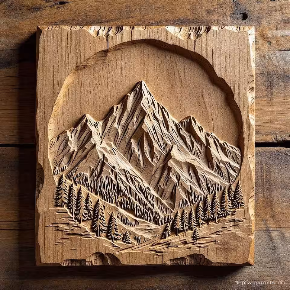Berg, handgesneden houtkunst, eik materiaal, diep reliëf textuur, natuurlijke olie afwerking, effen achtergrond, natuurlijke verlichting, rustiek vakmanschap, organische details, professionele branding, scherpe focus, commercieel gebruik
