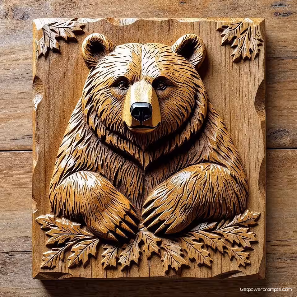 Beer, handgesneden houtkunst, eik materiaal, diep reliëf textuur, natuurlijke olie afwerking, effen achtergrond, natuurlijke verlichting, rustiek vakmanschap, organische details, professionele branding, scherpe focus, commercieel gebruik