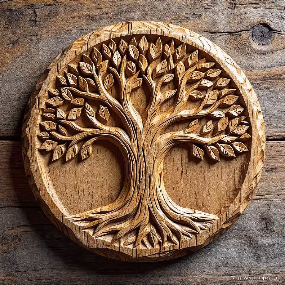 Boom, handgesneden houtkunst, eik materiaal, diep reliëf textuur, natuurlijke olie afwerking, effen achtergrond, natuurlijke verlichting, rustiek vakmanschap, organische details, professionele branding, scherpe focus, commercieel gebruik