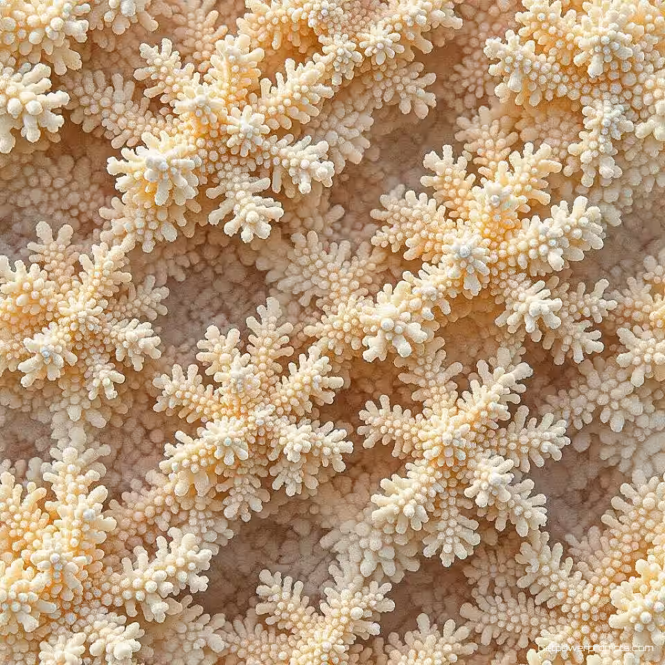 Koraalstructuur, biomimicry natuurlijk patroon, wetenschappelijke illustratie ontwerp, aardtinten kleurenschema, dicht rangschikking, naadloos herhalende textuur, effen achtergrond, organische geometrie, natuurgeïnspireerde vormen, biologische structuren, hoogwaardige digitale kunst, wetenschappelijke illustratie esthetiek