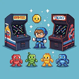 Arcade spel personages, NES tijdperk pixel art pixel art, beperkt 8-bit kleurenpalet kleurenschema, low resolution resolutie, naadloos herhalend patroon, solid color achtergrond, retro gaming esthetiek, blokgebaseerde compositie, hoge resolutie digitale kunst, nostalgische pixel textuur