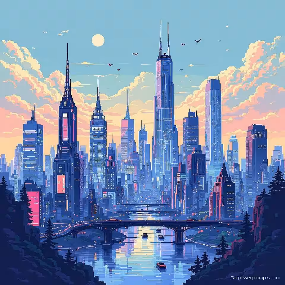 Futuristisch stadsgezicht, NES tijdperk pixel art pixel art, beperkt 8-bit kleurenpalet kleurenschema, low resolution resolutie, naadloos herhalend patroon, solid color achtergrond, retro gaming esthetiek, blokgebaseerde compositie, hoge resolutie digitale kunst, nostalgische pixel textuur