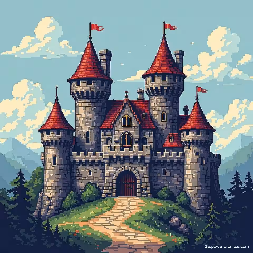 Middeleeuws kasteel, NES tijdperk pixel art pixel art, beperkt 8-bit kleurenpalet kleurenschema, low resolution resolutie, naadloos herhalend patroon, solid color achtergrond, retro gaming esthetiek, blokgebaseerde compositie, hoge resolutie digitale kunst, nostalgische pixel textuur