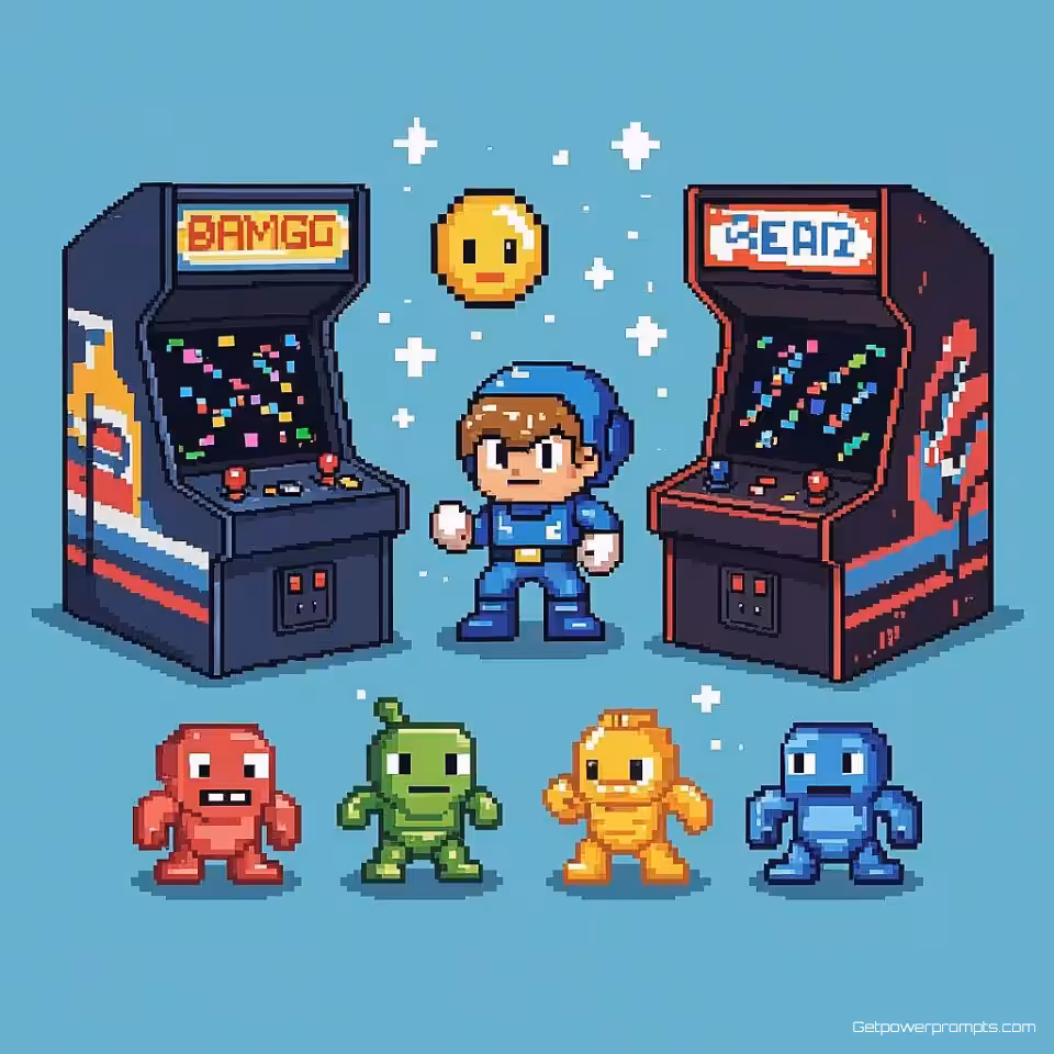 Arcade spel personages, NES tijdperk pixel art pixel art, beperkt 8-bit kleurenpalet kleurenschema, low resolution resolutie, naadloos herhalend patroon, solid color achtergrond, retro gaming esthetiek, blokgebaseerde compositie, hoge resolutie digitale kunst, nostalgische pixel textuur