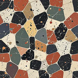 Modern geometrisch terrazzo oppervlak, fotorealistisch digitale textuur, marmer chips aggregaat samenstelling, aardtinten kleurenschema, naadloos herhalend patroon, effen kleur achtergrond, gepolijst oppervlak, geometrische chip rangschikking, hoge resolutie digitale kunst, architectonisch oppervlak ontwerp