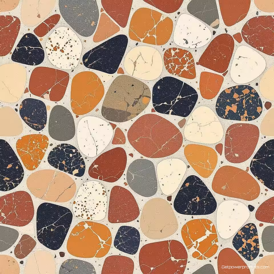 Minimalistisch terrazzo oppervlak, fotorealistisch digitale textuur, marmer chips aggregaat samenstelling, aardtinten kleurenschema, naadloos herhalend patroon, effen kleur achtergrond, gepolijst oppervlak, geometrische chip rangschikking, hoge resolutie digitale kunst, architectonisch oppervlak ontwerp