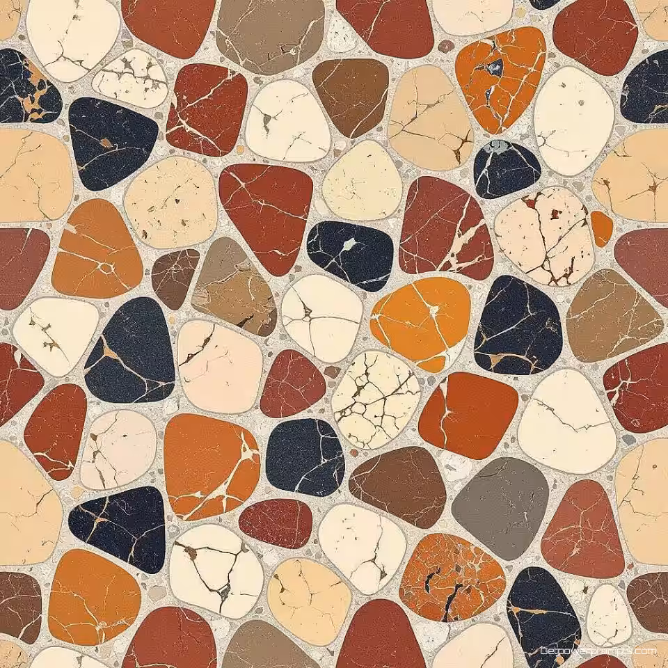 Traditioneel Italiaans terrazzo oppervlak, fotorealistisch digitale textuur, marmer chips aggregaat samenstelling, aardtinten kleurenschema, naadloos herhalend patroon, effen kleur achtergrond, gepolijst oppervlak, geometrische chip rangschikking, hoge resolutie digitale kunst, architectonisch oppervlak ontwerp