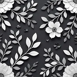 Botanisch, minimalistisch papier snij textuur, monochroom kleurenschema, ondiep dimensionale lagen, naadloos herhalend patroon, effen achtergrond, ingewikkelde papier silhouetten, schaduwspel effecten, hoge resolutie digitale kunst, tactiele papier ambacht esthetiek, precies laser-gesneden uiterlijk