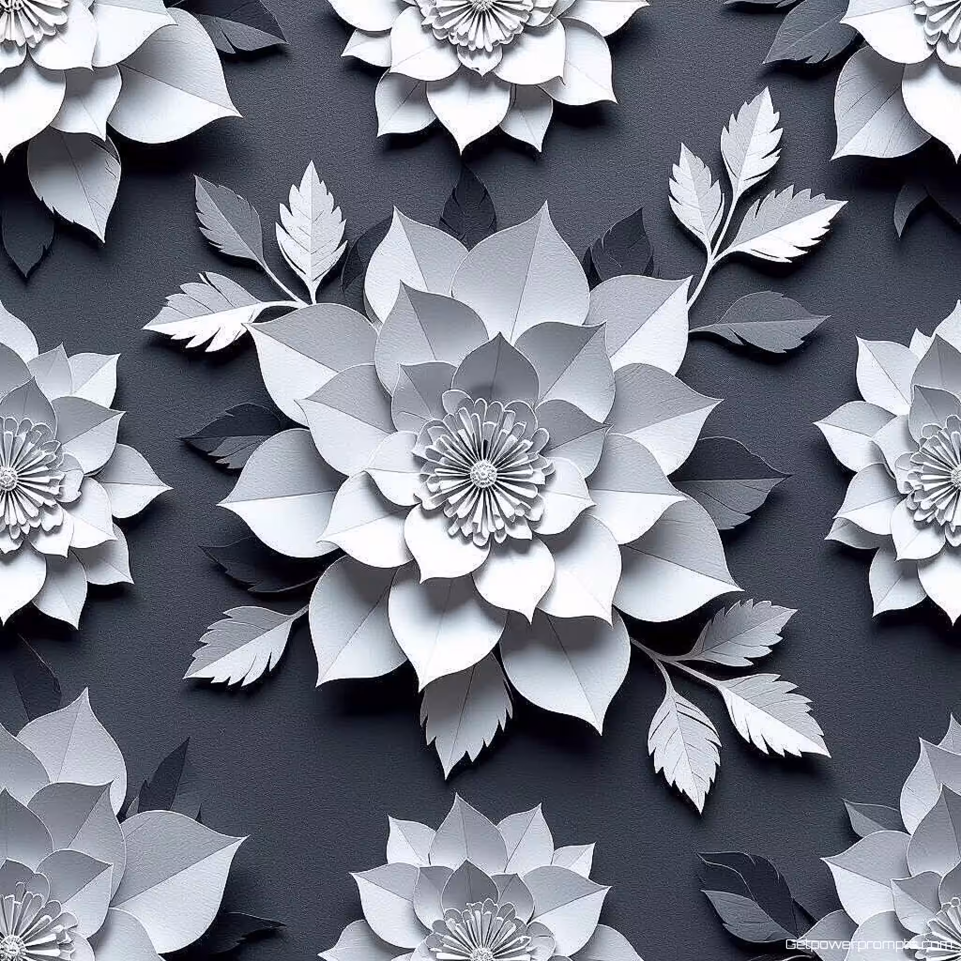 Abstract, minimalistisch papier snij textuur, monochroom kleurenschema, ondiep dimensionale lagen, naadloos herhalend patroon, effen achtergrond, ingewikkelde papier silhouetten, schaduwspel effecten, hoge resolutie digitale kunst, tactiele papier ambacht esthetiek, precies laser-gesneden uiterlijk