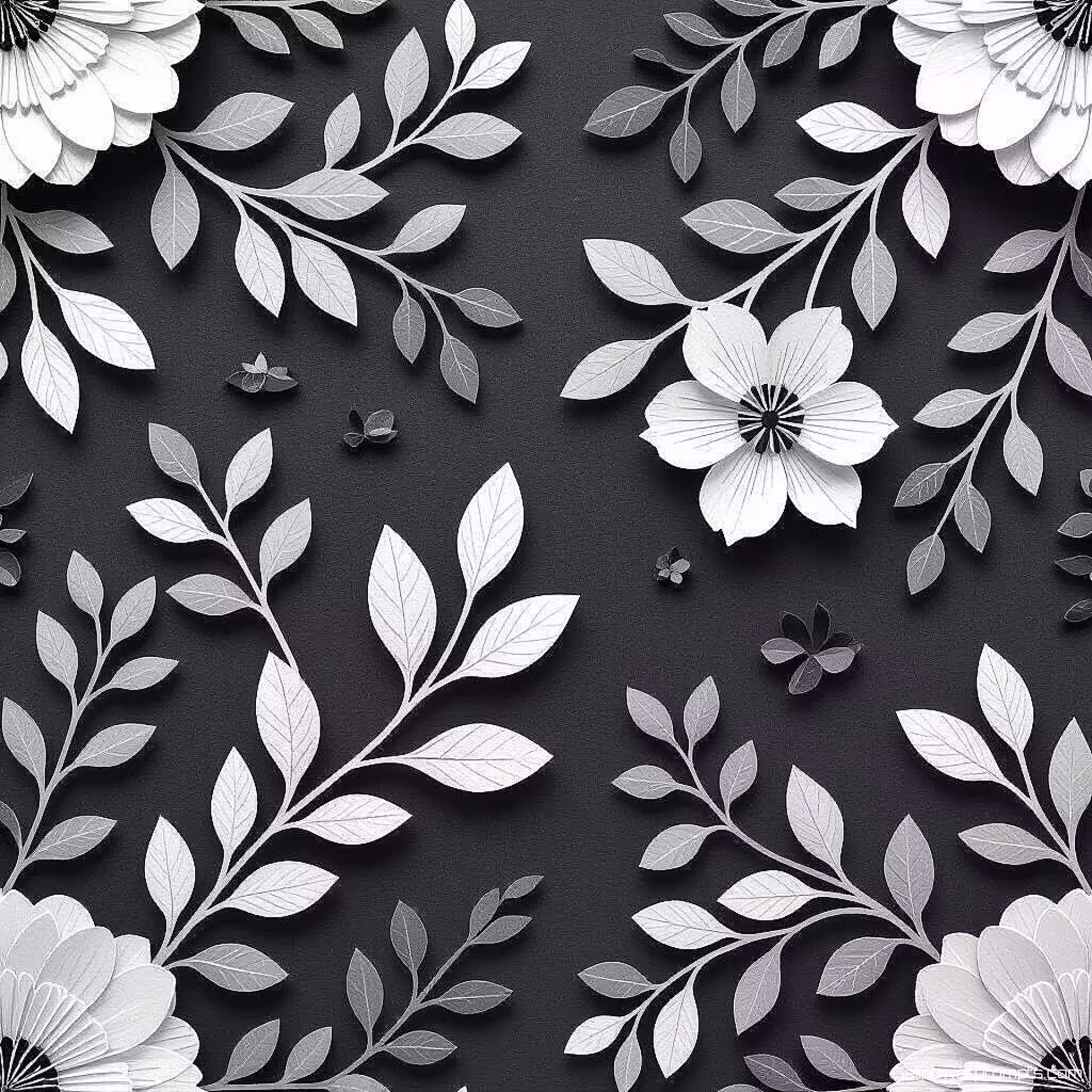 Botanisch, minimalistisch papier snij textuur, monochroom kleurenschema, ondiep dimensionale lagen, naadloos herhalend patroon, effen achtergrond, ingewikkelde papier silhouetten, schaduwspel effecten, hoge resolutie digitale kunst, tactiele papier ambacht esthetiek, precies laser-gesneden uiterlijk