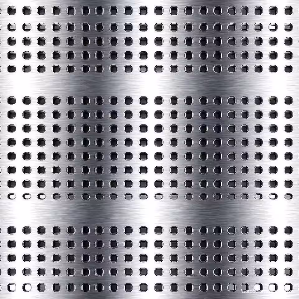 Industrieel gaas, metalen oppervlaktetextuur, geborsteld metaal afwerking, zilveren tonen tonen, naadloos herhalend patroon, industriële esthetiek, professioneel branding ontwerp, geometrische precisie, reflecterende kwaliteit, hoogresolutie detail, effen kleur achtergrond