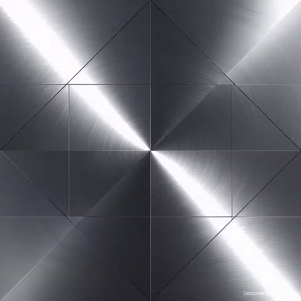 Geometrisch raster, metalen oppervlaktetextuur, geborsteld metaal afwerking, zilveren tonen tonen, naadloos herhalend patroon, industriële esthetiek, professioneel branding ontwerp, geometrische precisie, reflecterende kwaliteit, hoogresolutie detail, effen kleur achtergrond