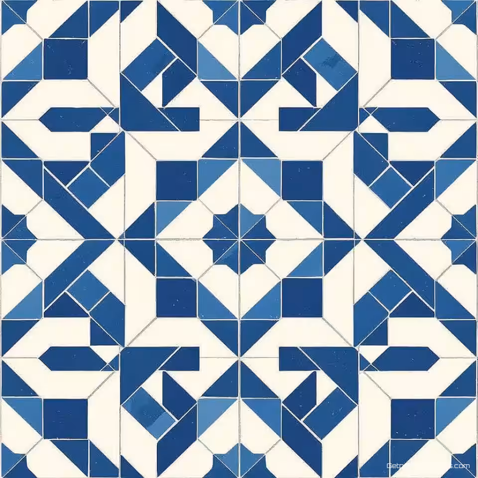 Byzantijns mozaïek tegelpatroon, fotorealistisch digitale textuur, Mediterraans blauw kleurenschema, honingraat compositie, naadloos herhalend patroon, effen kleur achtergrond, geometrische tessellatie, ingewikkelde voegdetails, hoogwaardige digitale kunst, architectonisch oppervlakontwerp