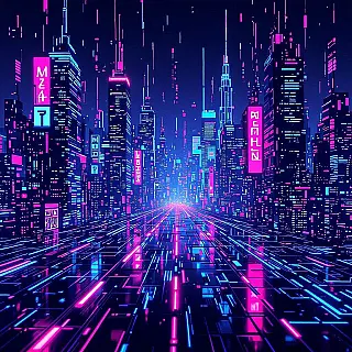 Cyberpunk stad, neon glitch kunst patroon, vector illustratie digitaal ontwerp, elektrisch blauw en roze kleurenschema, cyberpunk esthetiek, digitale vervormingseffecten, naadloos herhalende textuur, donker verloop achtergrond, levendige neon gloed, gepixelde artefacten, retro-futuristisch ontwerp, hoogwaardige digitale kunst