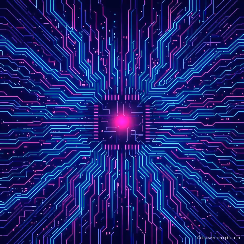 Digitaal circuit, neon glitch kunst patroon, vector illustratie digitaal ontwerp, elektrisch blauw en roze kleurenschema, cyberpunk esthetiek, digitale vervormingseffecten, naadloos herhalende textuur, donker verloop achtergrond, levendige neon gloed, gepixelde artefacten, retro-futuristisch ontwerp, hoogwaardige digitale kunst