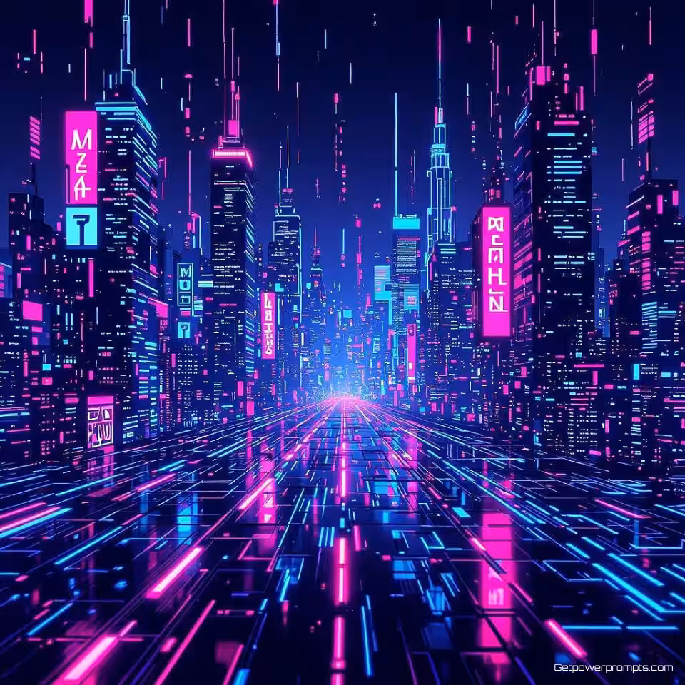 Cyberpunk stad, neon glitch kunst patroon, vector illustratie digitaal ontwerp, elektrisch blauw en roze kleurenschema, cyberpunk esthetiek, digitale vervormingseffecten, naadloos herhalende textuur, donker verloop achtergrond, levendige neon gloed, gepixelde artefacten, retro-futuristisch ontwerp, hoogwaardige digitale kunst